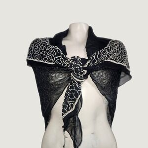DKNY Donna Karan New York Black Sheer Faux Pearl Beaded Square Scarf Shawl 36x36